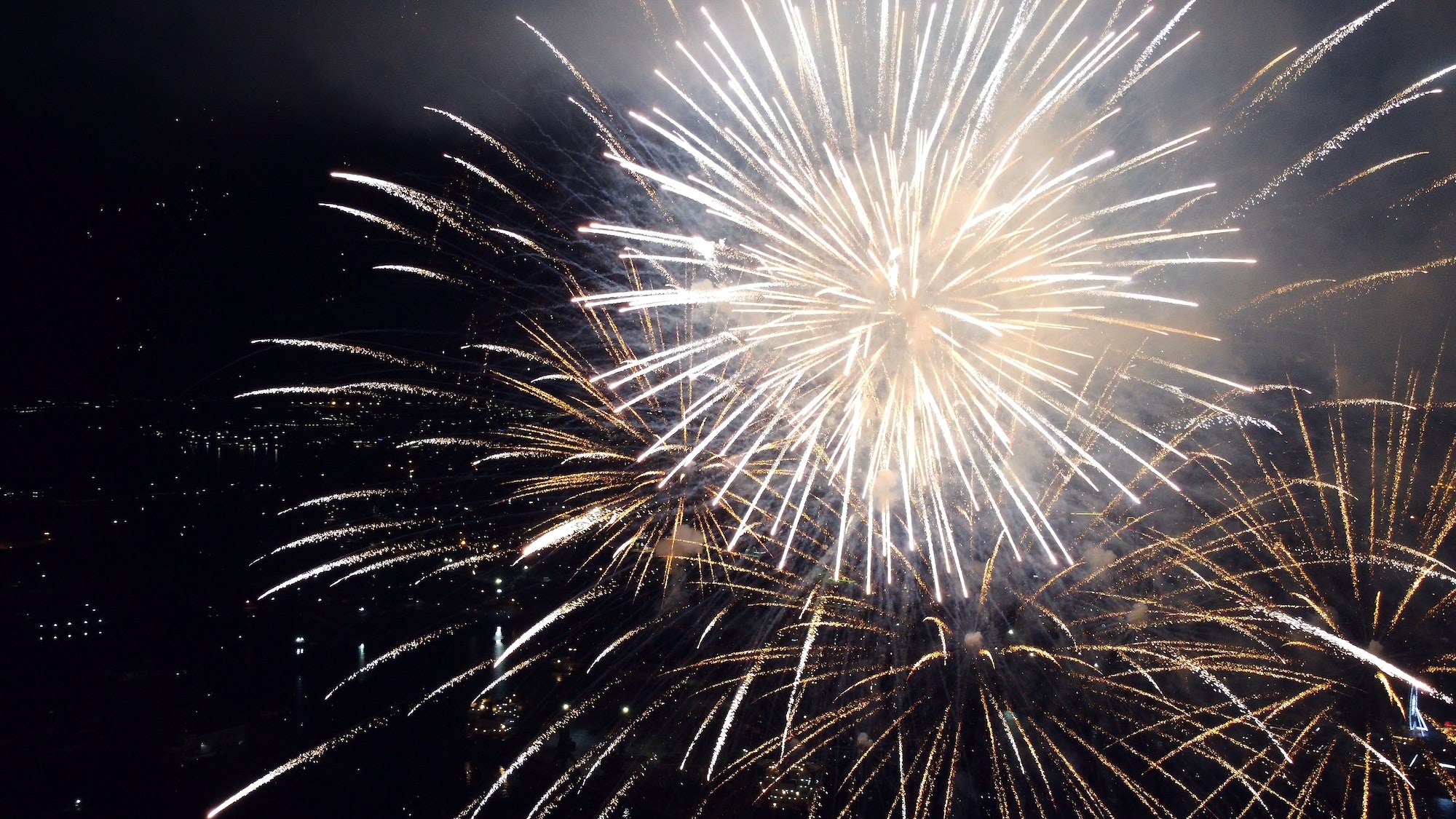 fireworks over the city aerial view